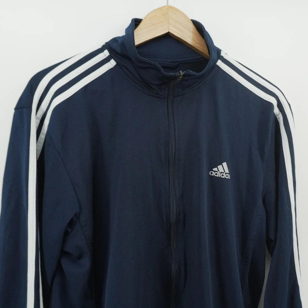 Adidas Track Jacket Mens Large Navy Blue 3-Stripe Full Zip Mock Neck Athletic